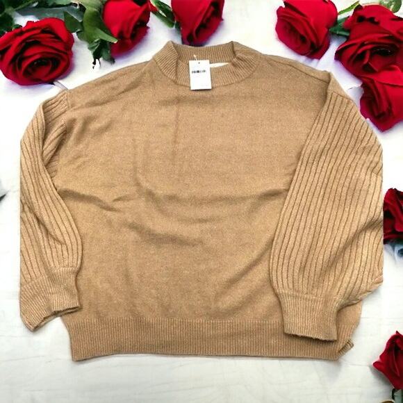 All In Favor Womens Size Large Knit Sweater Tan Beige Puff Bishop Sleeves - Picture 1 of 14